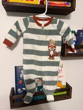 Koala Kids Green & White Striped Footie with Fox & Bear Patch